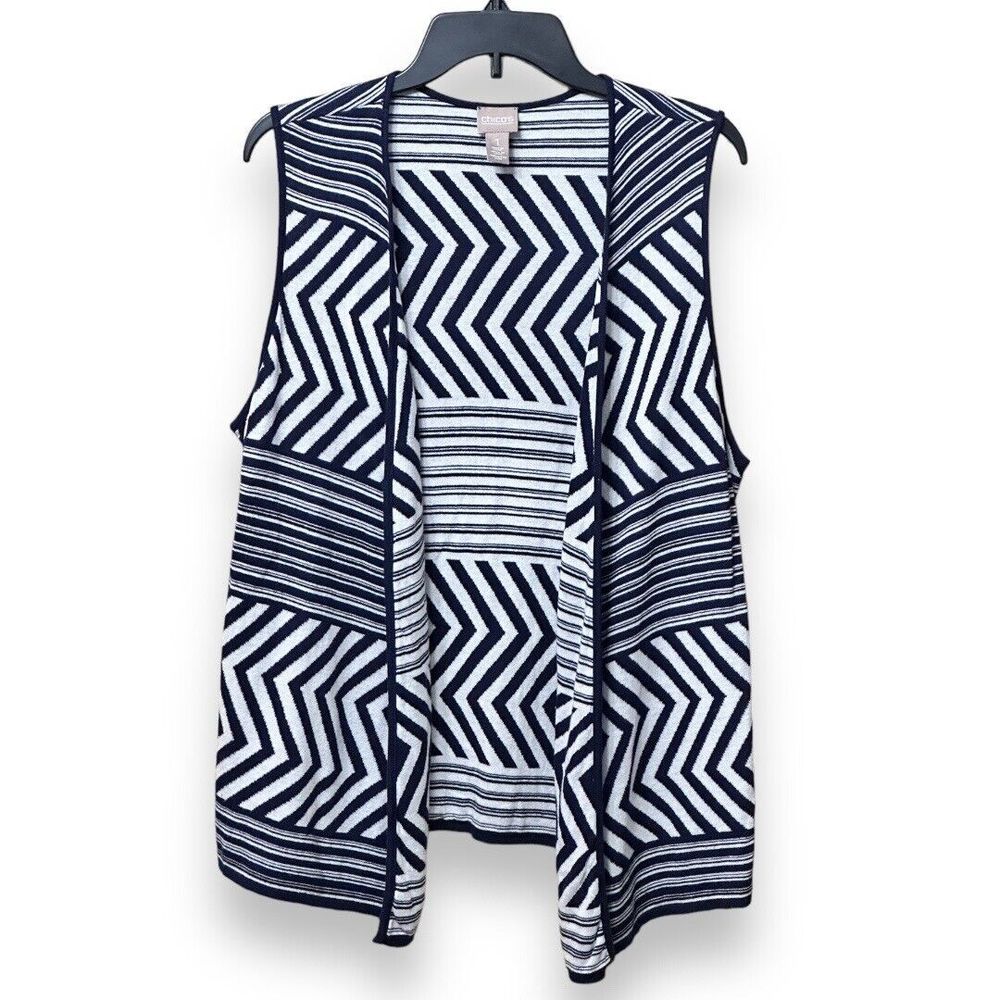 Chico’s Blue White Stripe Sleeveless Open Vest Cardigan US Sz 8 - Chico’s Sz 1